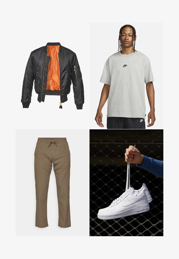 Black bomber jacket with a shiny exterior, orange lining, ribbed cuffs, and a zippered pocket on the left sleeve. Gold zipper accents.; Young person with braided hair wearing a light gray Nike T-shirt and black Nike shorts against a plain white background.; Jack & Jones JPSTKANE SUMMER JOGGER - Trousers - dusty olive; White leather sneakers with perforations, round toe, flat sole, and thick laces, featuring a visible swoosh logo and "AIR" on the heel.