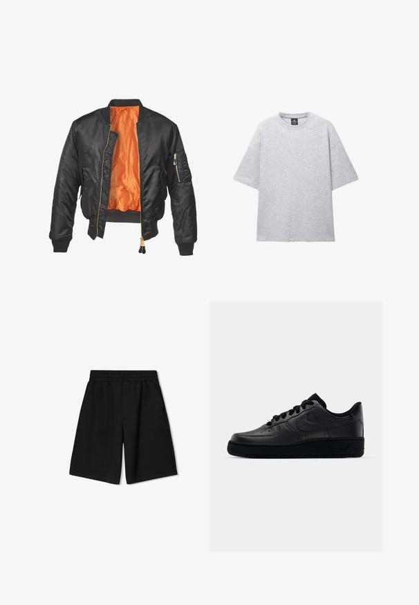 Fekete bomberdzseki fényes külsővel, narancssárga béléssel, bordázott mandzsettákkal és cipzáras zsebbel a bal ujjon. Arany cipzár díszítések.; Szürke, rövid ujjú póló, puha anyagból; kerek dekoltázzsal és laza fitten, leejtett vállakkal rendelkezik. Minták vagy díszítések nincsenek rajta.; Fekete pamut rövidnadrág rugalmas derékkal, oldalsó zsebekkel és laza szabással, sima textura és egyenes szegéssel.; Fekete Nike Air Force 1 sneaker sima bőr felsőrészével, perforált orrával a légáteresztés érdekében, fekete cipőfűzőkkel és textúrált gumitalppal.