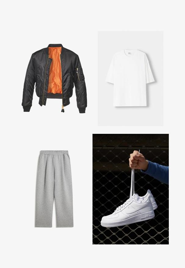 Čierna bombardérka s lesklým povrchom, oranžovou podšívkou, rebrovanými manžetami a zipsovou kapsou na ľavom rukáve. Zlaté zipsové akcenty.; Biela tričko s krátkym rukávom vyrobené z bavlny, s okrúhlym výstrihom a voľným strihom. Hladká textúra, bez viditeľných vzorov alebo akcentov.; Svetlošedé tepláky s elastickým pásom a bočnými vreckami, s rovnými nohavicami, vyrobené z jemného materiálu.; Biele kožené tenisky s perforáciami, okrúhlou špičkou, plochou podrážkou a hrubými šnúrkami, pričom majú viditeľné logo swoosh a nápis "AIR" na päte.