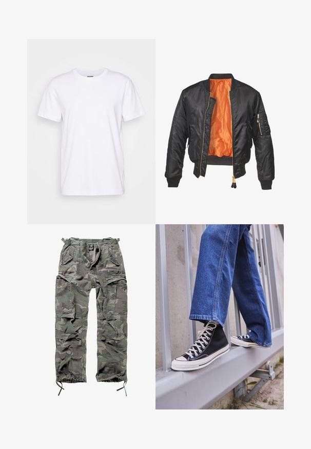 Zwarte bomberjack met een glanzende buitenkant, oranje voering, geribde manchetten en een ritszak op de linker mouw. Gouden ritsaccenten.; Witte katoenen t-shirt met een ronde hals en korte mouwen. Heeft een rechte snit en de merknaam "WEEKDAY" gedrukt aan de binnenkant van de kraag.; Camo cargobroek in groen en grijs, met meerdere zakken, een elastische tailleband, verstelbare enkels en een relaxte pasvorm.; Zwarte hoge sneakers met witte zool en veters, gecombineerd met losse blauwe denim jeans, rustend op een grijze leuning.
