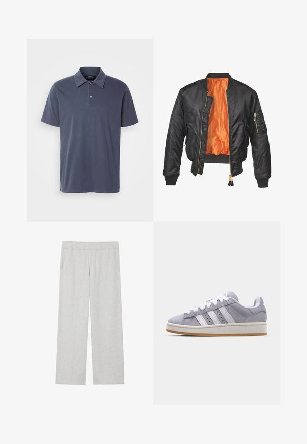 Veste bomber noire avec un extérieur brillant, doublure orange, poignets côtelés et une poche zippée sur la manche gauche. Accents de fermeture éclair dorés.; Polo shirt bleu marine à manches courtes en tissu doux, avec un col classique, une patte de boutonnage à deux boutons et des fentes latérales discrètes.; Pantalons de survêtement gris clair, à jambes larges, fabriqués à partir d'un tissu doux. Dotés d'une taille élastique et de poches latérales. Texture lisse avec un design épuré.; Baskets en suède gris avec des rayures blanches, bout rond et semelle en caoutchouc. Présente des perforations sur le côté et une languette de talon texturée.