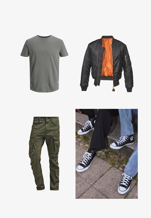 Čierna bombardérka s lesklým povrchom, oranžovou podšívkou, rebrovanými manžetami a zipsovou kapsou na ľavom rukáve. Zlaté zipsové akcenty.; Jack & Jones JJENOA TEE CREW NECK - Základné tričko - sedona sage; Olivové cargo nohavice vyrobené z pevnej bavlny. Obsahujú viacero vreciek, zipsovou bočnou vrecko a zúžené nohavice so slabou textúrou.; Čierne vysoké plátenné tenisky s bielymi gumovými podrážkami a šnúrkami, s okrúhlym logom na boku, skombinované s džínsami a čiernymi nohavicami.