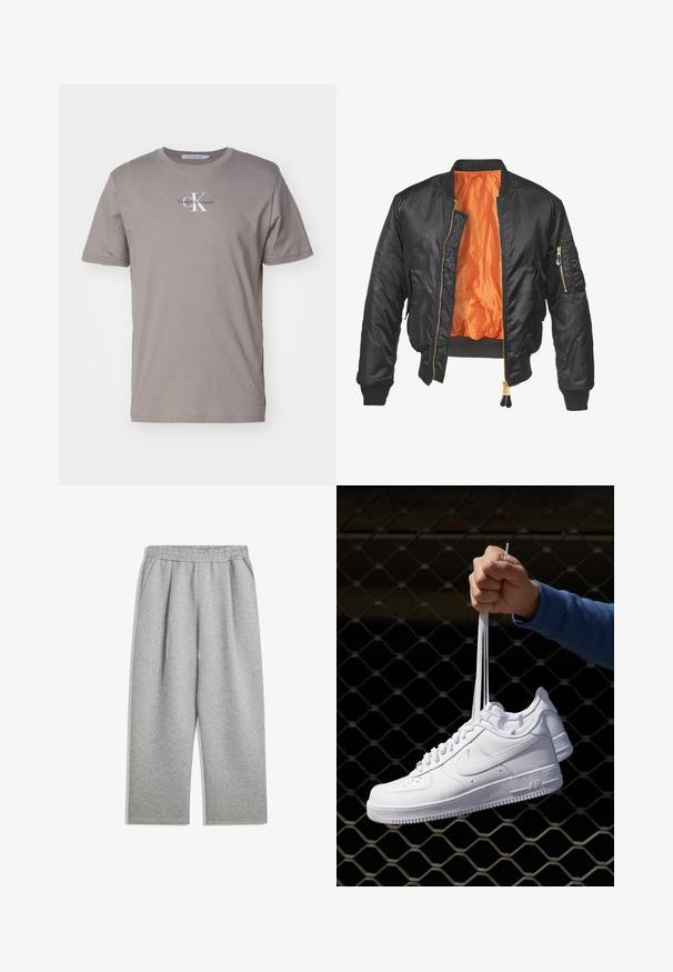 Fekete bomberdzseki fényes külsővel, narancssárga béléssel, bordázott mandzsettákkal és cipzáras zsebbel a bal ujjon. Arany cipzár díszítések.; Szürke pamut póló rövid ujjakkal, környakú, középen fehér "CK" logóval és "Calvin Klein Jeans" felirattal.; Világosszürke melegítőnadrág, elasztikus derékkal és oldalsó zsebekkel, egyenes lábú fazonban, puha anyagból készült.; Fehér bőr sportcipők perforációval, kerek orral, lapos talppal és vastag fűzőkkel, látható swoosh logóval és "AIR" felirattal a sarokrészen.