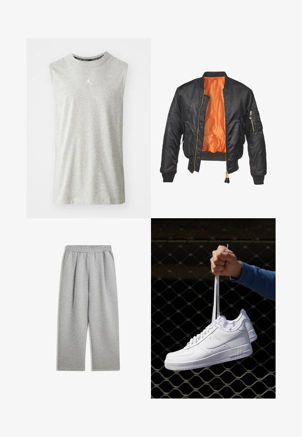 Sort bomberjakke med en blank overflade, orange foring, ribbede manchetter og en lynlåslomme på venstre ærme. Gyldne lynlåsdetaljer.; Ærmeløs grå træningstrøje lavet af blødt stof. Har et lille hvidt logo på brystet og en rund halsudskæring.; Lys grå sweatpants med elastisk talje og sidelommer, lige ben, lavet af blødt stof.; Hvide lædersneakers med perforeringer, rund tå, flad sål og tykke snørebånd, med et synligt swoosh-logo og "AIR" på hælen.