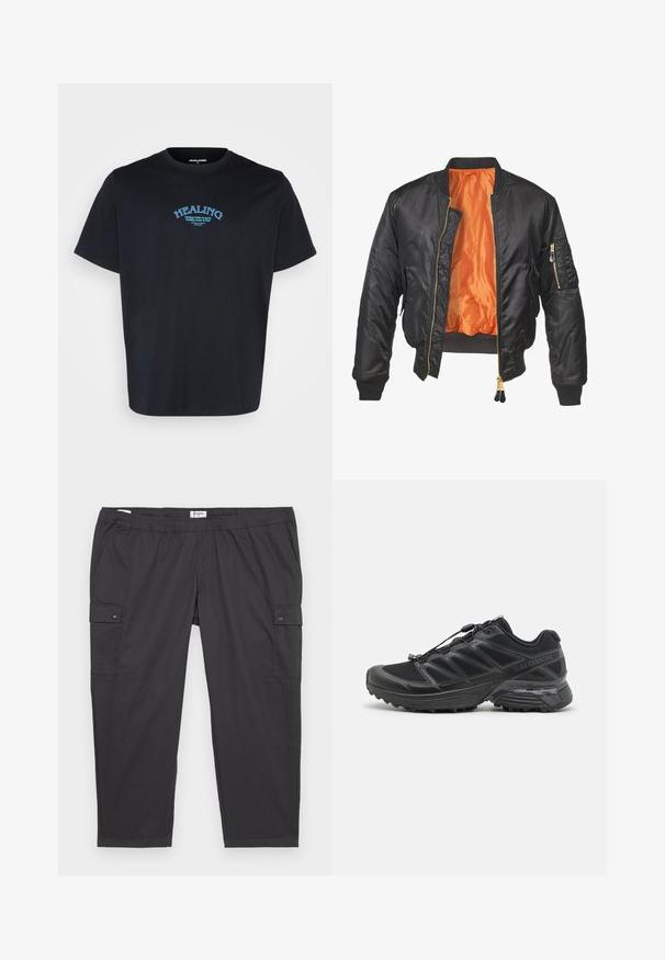 Black bomber jacket with a shiny exterior, orange lining, ribbed cuffs, and a zippered pocket on the left sleeve. Gold zipper accents.; Jack & Jones JORORACLE TEE CREW NECK - Print T-shirt - black; Black cargo pants with an elastic waistband, side pockets, and snap button accents. Made of lightweight, smooth fabric.; Black running shoe with mesh and synthetic upper, flexible outsole, and elastic laces. Features a cushioned midsole for comfort.