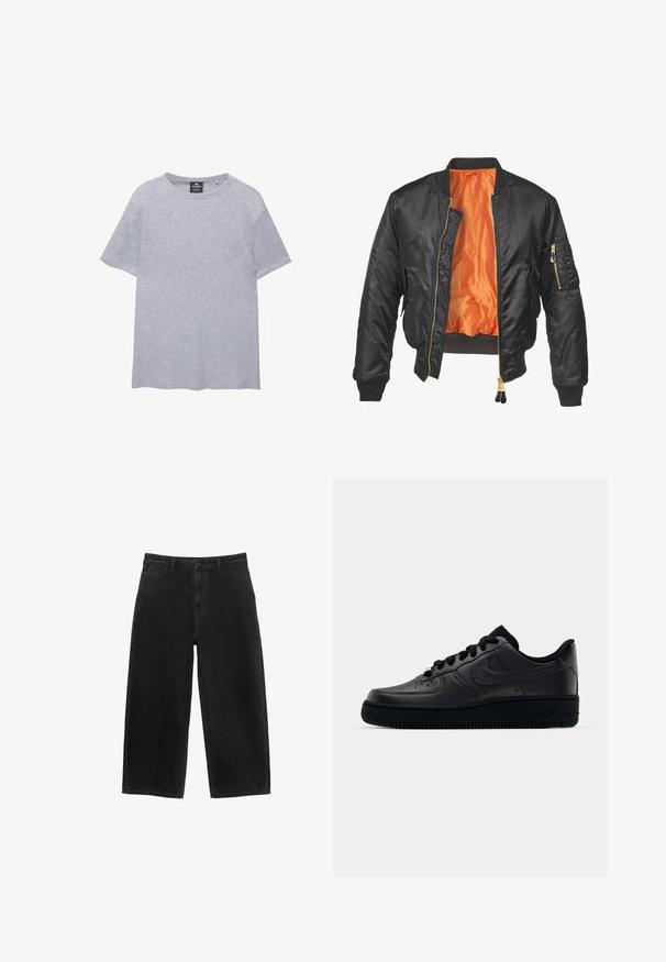 Fekete bomberdzseki fényes külsővel, narancssárga béléssel, bordázott mandzsettákkal és cipzáras zsebbel a bal ujjon. Arany cipzár díszítések.; Szürke, rövid ujjú pamut póló. Kerek nyakkivágással és laza szabással rendelkezik. Egyszerű design, minták vagy díszítések nélkül.; Fekete farmer széles lábú nadrág magas derékkal, elülső gombzárral és normál zsebekkel. Simaság és letisztult vonalak jellemzik.; Fekete Nike Air Force 1 sneaker sima bőr felsőrészével, perforált orrával a légáteresztés érdekében, fekete cipőfűzőkkel és textúrált gumitalppal.