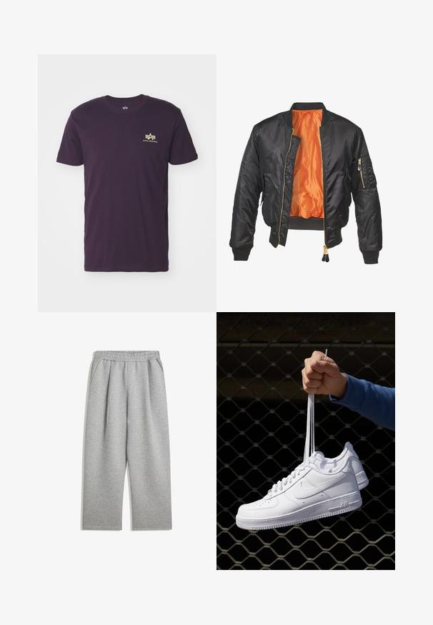 Svart bomberjacka med en glänsande yta, orange foder, stickade manschetter och en dragkedjeficka på vänster ärm. Guldiga dragkedjedetaljer.; Lila bomulls t-shirt med rund hals, korta ärmar och en gyllene logotyp med vingar på den övre vänstra sidan. Mjuk textur, avslappnad design.; Ljust grå sweatpants med elastisk midjeband och sidofickor, raka ben, tillverkade av mjukt tyg.; Vita lädersneakers med perforeringar, rund tå, platt sula och tjocka snörning, med en synlig swoosh-logga och "AIR" på hälen.