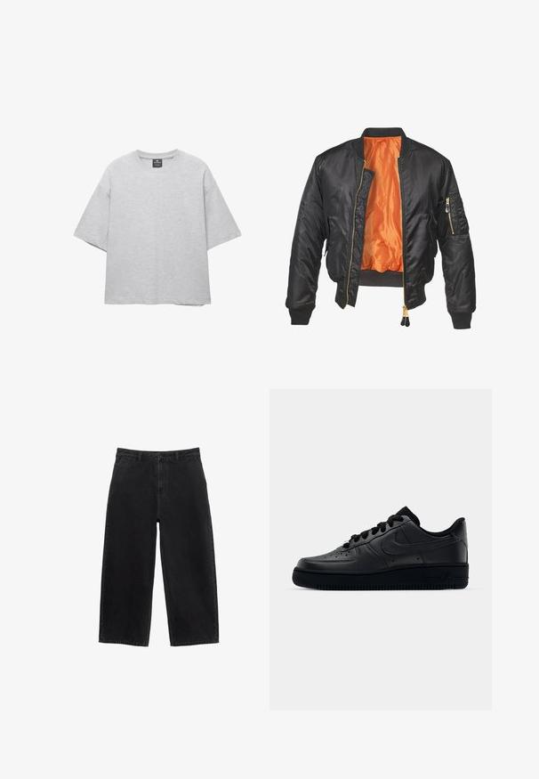 Čierna bombardérka s lesklým povrchom, oranžovou podšívkou, rebrovanými manžetami a zipsovou kapsou na ľavom rukáve. Zlaté zipsové akcenty.; Svetlo šedé voľné tričko vyrobené z bavlnenej zmesi, s okrúhlym výstrihom a krátkymi, širokými rukávmi. Jednoduchý dizajn, bez vzorov.; Čierne džínsové nohavice s širokými nohavicami a vysokým pásom, s predným zapínaním na gombík a štandardnými vreckami. Hladká textúra a čisté línie.; Čierne tenisky Nike Air Force 1 s hladkým koženým zvrškom, perforovanou špičkou pre priedušnosť, čiernymi šnúrkami a textúrovanou gumovou podrážkou.