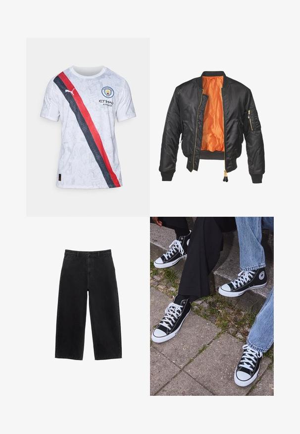 Čierna bombardérka s lesklým povrchom, oranžovou podšívkou, rebrovanými manžetami a zipsovou kapsou na ľavom rukáve. Zlaté zipsové akcenty.; Biely dres s krátkym rukávom s červeným a čiernym diagonálnym pruhom, grafickým vzorom, logom Manchester City a značkou Puma.; Čierne džínsové nohavice s širokými nohavicami a vysokým pásom, s predným zapínaním na gombík a štandardnými vreckami. Hladká textúra a čisté línie.; Čierne vysoké plátenné tenisky s bielymi gumovými podrážkami a šnúrkami, s okrúhlym logom na boku, skombinované s džínsami a čiernymi nohavicami.