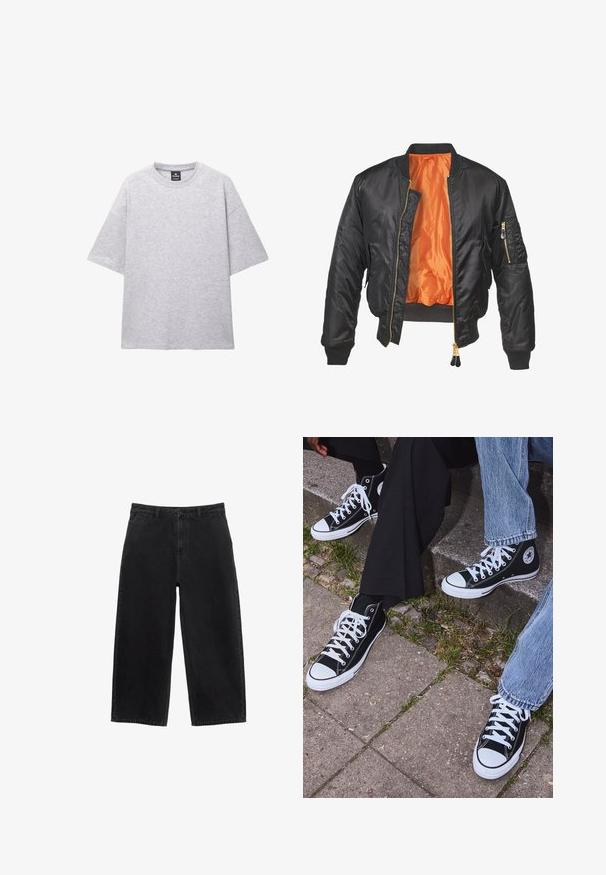 Fekete bomberdzseki fényes külsővel, narancssárga béléssel, bordázott mandzsettákkal és cipzáras zsebbel a bal ujjon. Arany cipzár díszítések.; Szürke, rövid ujjú póló, puha anyagból; kerek dekoltázzsal és laza fitten, leejtett vállakkal rendelkezik. Minták vagy díszítések nincsenek rajta.; Fekete farmer széles lábú nadrág magas derékkal, elülső gombzárral és normál zsebekkel. Simaság és letisztult vonalak jellemzik.; Fekete magas szárú vászon sportcipők fehér gumi talppal és fűzőkkel, az oldalukon kör alakú logóval, farmernadrággal és fekete nadrággal párosítva.