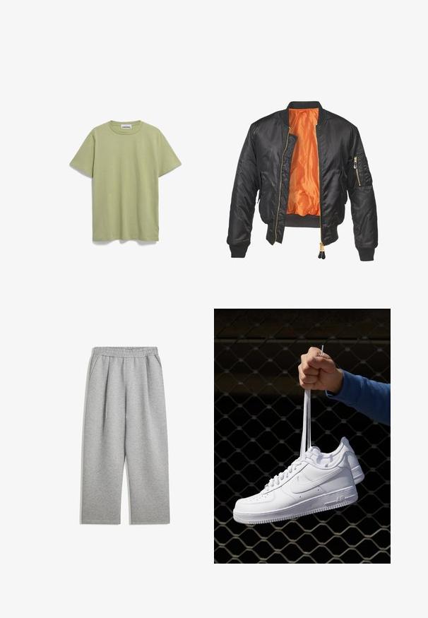 Zwarte bomberjack met een glanzende buitenkant, oranje voering, geribde manchetten en een ritszak op de linker mouw. Gouden ritsaccenten.; ARMEDANGELS JAAMEL STRUCTURE - T-shirt basic - light matcha; Lichtgrijze sweats met elastische tailleband en zijzakken, rechte pijp, gemaakt van zacht materiaal.; Witte leren sneakers met perforaties, ronde neus, vlakke zool en dikke veters, met een zichtbare swoosh-logo en "AIR" op de hiel.