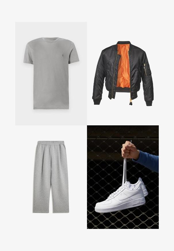 Giubbotto bomber nero con un esterno lucido, foderato in arancione, polsini a costine e una tasca con zip sulla manica sinistra. Dettagli in zip dorata.; T-shirt in cotone grigio con collo rotondo e maniche corte. Presenta un piccolo logo scuro sul lato sinistro in alto. Vestibilità classica, texture morbida.; Pantaloni da tuta grigi chiari con vita elastica e tasche laterali, gamba dritta, realizzati in tessuto morbido.; Sneakers in pelle bianca con perforazioni, punta rotonda, suola piatta e lacci spessi, con logo swoosh visibile e "AIR" sul tallone.