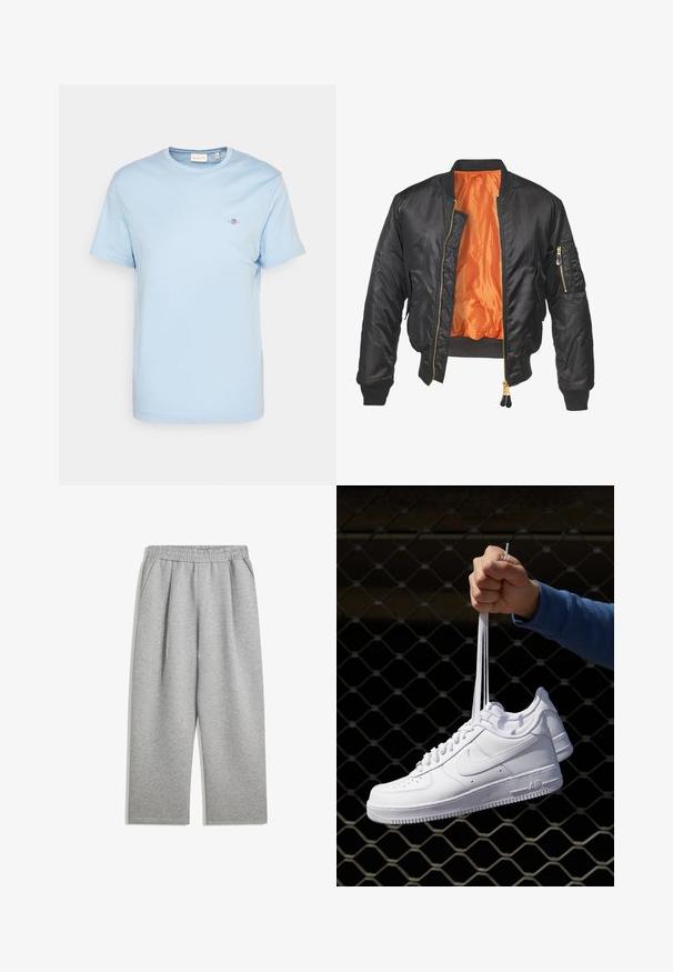 Crna bomber jakna s sjajnom vanjskom površinom, narančastom podstavom, rebrastim manžetama i zatvorenim džepom na lijevom rukavu. Zlatni detalji na zatvaraču.; Svijetloplava pamučna majica s okruglim izrezom, kratkim rukavima i malim izvezenim logom na prsima. Glatka tekstura, standardna veličina.; Svijetlosivi trenirci s elastičnim pojasom i bočnim džepovima, ravnog kroja, izrađeni od mekog materijala.; Bijele kožne tenisice s perforacijama, okruglim vrhom, ravnim potplatom i debelim vezicama, s vidljivim swoosh logom i natpisom "AIR" na peti.