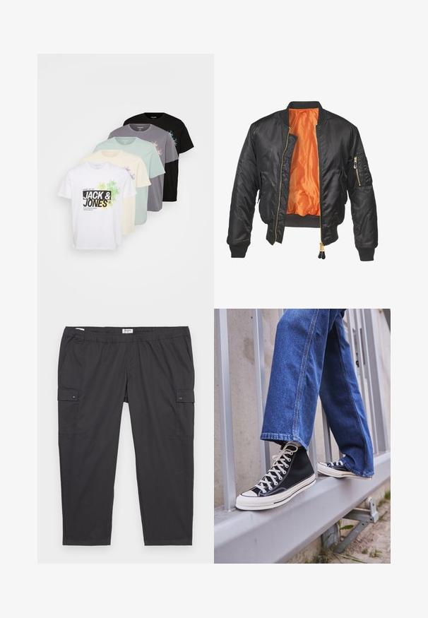 Black bomber jacket with a shiny exterior, orange lining, ribbed cuffs, and a zippered pocket on the left sleeve. Gold zipper accents.; Five men's t-shirts displayed in a row. Colors: white, cream, light green, gray, and black. Each features a distinct logo design.; Black cargo pants with an elastic waistband, side pockets, and snap button accents. Made of lightweight, smooth fabric.; Black high-top sneakers with white sole and laces, paired with loose blue denim jeans, resting on a gray railing.