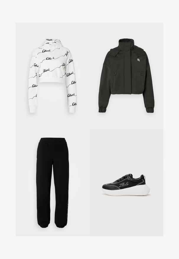Giacca nera cropped con colletto alto, due tasche frontali con zip, polsini elasticizzati e un piccolo logo decorativo sulla parte superiore del petto.; Hoodie bianco tagliato, realizzato in morbido tessuto, con un motivo di logo in scrittura nera su tutta la superficie. Include un cappuccio con cordino e polsini a costine.; Pantaloni della tuta neri con vita elasticizzata e polsini. Realizzati in un tessuto morbido con un delicato dettaglio di design sulla gamba sinistra.; Sneaker nera con suola bianca, realizzata in pelle e tessuto. Presenta cuciture a contrasto e un logo sul lato. Tacco leggermente rialzato.