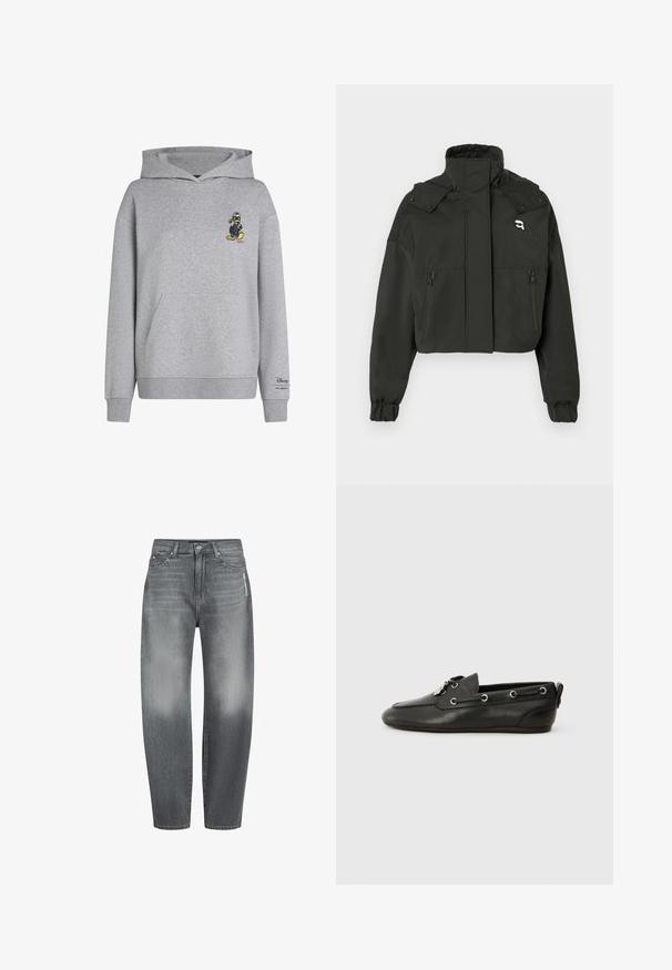 Jaqueta curta preta com uma gola alta, dois bolsos frontais com fecho éclair, punhos elásticos e um pequeno logo na parte superior do peito.; Sweatshirt cinza de algodão com um bolso tipo canguru. Apresenta um pequeno personagem bordado, capuz e punhos canelados. Marca Disney na manga.; Jean muito desgastados em cinza, com um ajuste descontraído, design de cinco bolsos e detalhe do logo na lateral. Tecido texturizado com costura padrão.; Sapatos de barco em pele preta com bico arredondado, atacadores na frente, ilhós de metal e sola plana. Possui uma pequena aba na parte de trás.