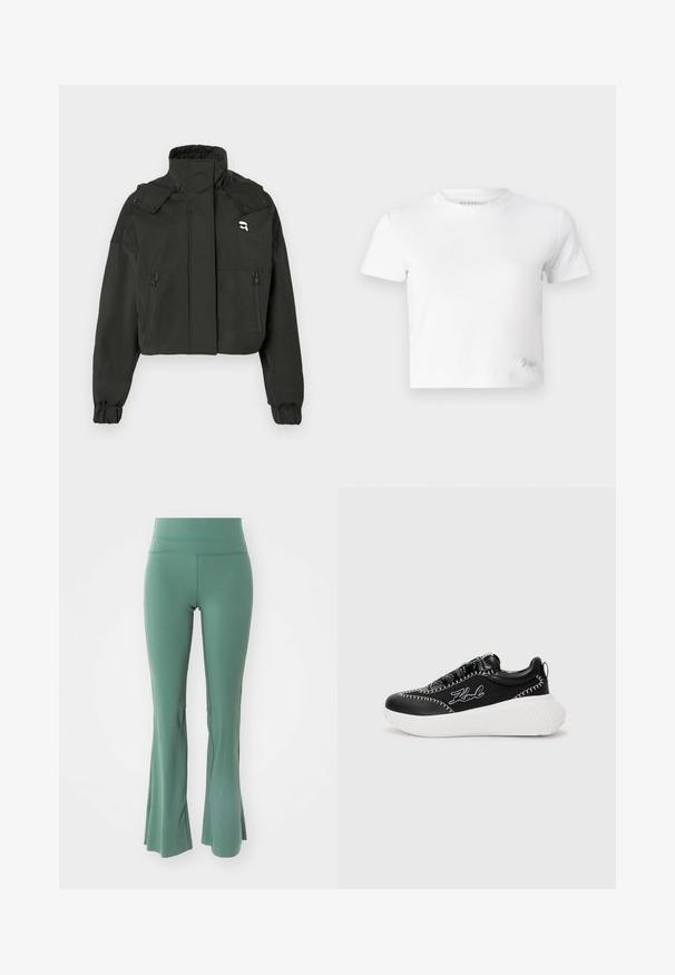 Jachetă scurtă neagră cu guler înalt, două buzunare frontale cu fermoar, manșete elastice și un mic accent de logo pe partea superioară a pieptului.; Tricou alb scurt, realizat din bumbac neted, cu gât înalt și mâneci scurte. Logo mic brodat în colțul de jos.; Leggings verzi evazati, fabricate dintr-un material elastic. Au o talie înaltă și o textură netedă, concepute pentru confort și mișcare.; Tenis negri cu talpă albă, realizat din piele și țesătură. Prezintă cusături contrastante și un logo pe lateral. Toc ușor înălțat.
