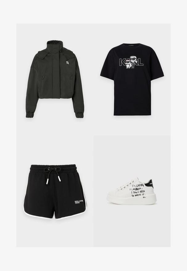 Schwarze Cropped-Jacke mit hohem Kragen, zwei Reißverschlussfronttaschen, elastischen Bündchen und einem kleinen Logo-Detail auf der oberen Brust.; Schwarzes Baumwoll-T-Shirt mit einem grafischen Druck von zwei Cartoon-Figuren mit Sonnenbrillen, begleitet von dem Text "KARL" in fetten Buchstaben.; Schwarze Sportshorts aus weichem Stoff, mit einem Kordelzugbund, weißen Seitestreifen und einem Logo auf der linken Seite.; Weiße Plattform-Sneaker mit schwarzen Akzenten, ausgestattet mit einer strukturierten Sohle und handgeschriebenem Text an den Seiten. Hergestellt aus glattem Leder.