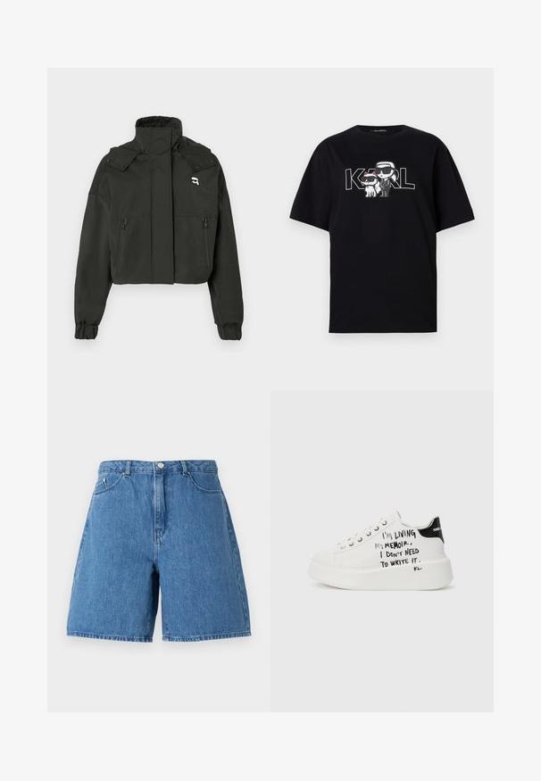 Jaqueta curta preta com uma gola alta, dois bolsos frontais com fecho éclair, punhos elásticos e um pequeno logo na parte superior do peito.; T-shirt de algodão preta com uma impressão gráfica de duas figuras de cartoon com óculos de sol, acompanhadas pelo texto "KARL" em letras grandes.; Calções de ganga em azul médio, com uma cintura alta, dois bolsos frontais e um design clássicos de cinco bolsos com detalhes em costura.; Sapatilhas plataforma brancas com detalhes pretos, apresentando uma sola texturizada e texto manuscrito nas laterais. Material de couro suave.