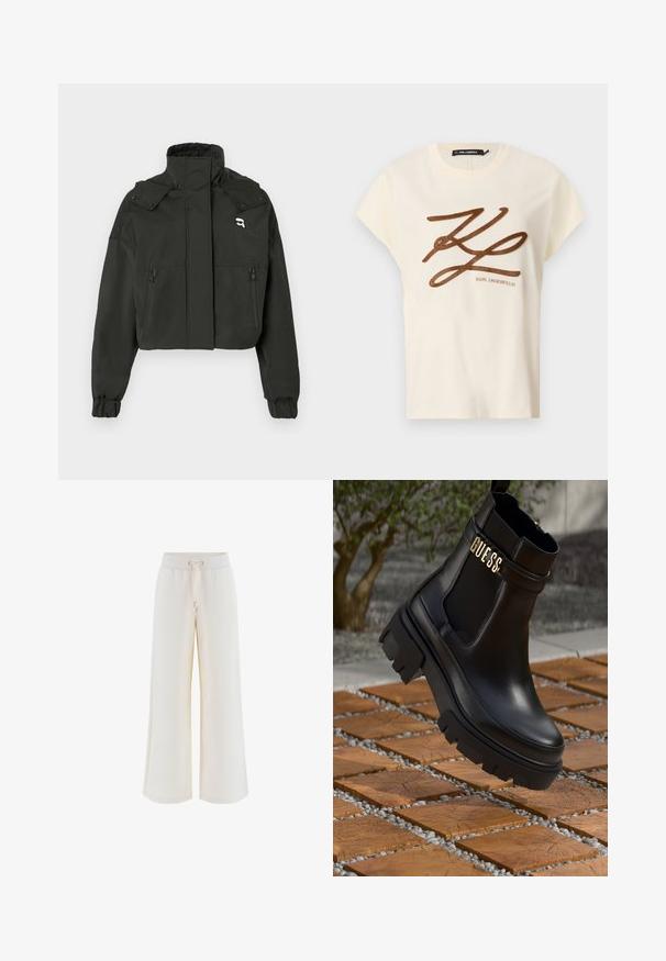 Veste noire cropped avec un col haut, deux poches avant zippées, des poignets élastiques et un petit accent logo sur le haut de la poitrine.; T-shirt en coton couleur crème à manches courtes, avec un logo brodé marron et un design en script à l'avant.; Pantalons de lounge à jambe large en crème clair, fabriqués en tissu doux, dotés d'une taille à cordon de serrage et d'un motif en relief subtil sur l'ensemble.; Bottine en cuir noir avec une semelle en caoutchouc épaisse, des panneaux latéraux élastiques et un accent doré avec le logo "GUESS".