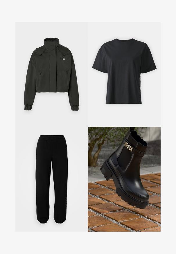 Juodas trumpas švarkas su aukštu apykakle, dviem užtrauktuku uždarytomis priekinių kišenėmis, elastingomis rankovėmis ir mažos logotipo akcentu ant viršutinio krūtinės.; Juoda trumpomis rankovėmis medvilninė marškinėliai su laisvu siluetu ir kontrastine šonine juostele, kurioje yra mažas tekstas ir dizaino detalės.; Juodi sportiniai kelnes su elastine juosta ir rankogaliais. Pagamintos iš minkštos medžiagos, kurios kairiajame kojoje yra švelnus dizaino akcentas.; Juodos odinės kulkšninių botai su masyviu guminiu padu, elastinėmis šoninėmis detalėmis ir auksine akcento detalė su "GUESS" ženklu.