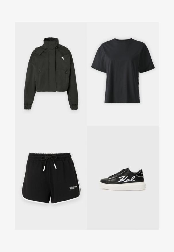 Zwarte cropped jacket met een hoge kraag, twee voorzakken met rits, elastische manchetten en een klein logoaccent op de bovenste borst.; Zwarte katoenen t-shirt met korte mouwen, ontspannen pasvorm en contrasterend zijpaneel met kleine tekst en ontwerpelementen.; Zwarte sportshorts van zacht materiaal, met een tailleband met trekkoord, witte zijstrepen, en een logo aan de linkerkant.; Zwarte leren sneaker met witte geborduurde "Karl" details, ronde neus, vetersluiting en een dikke witte zool met getextureerde accenten.