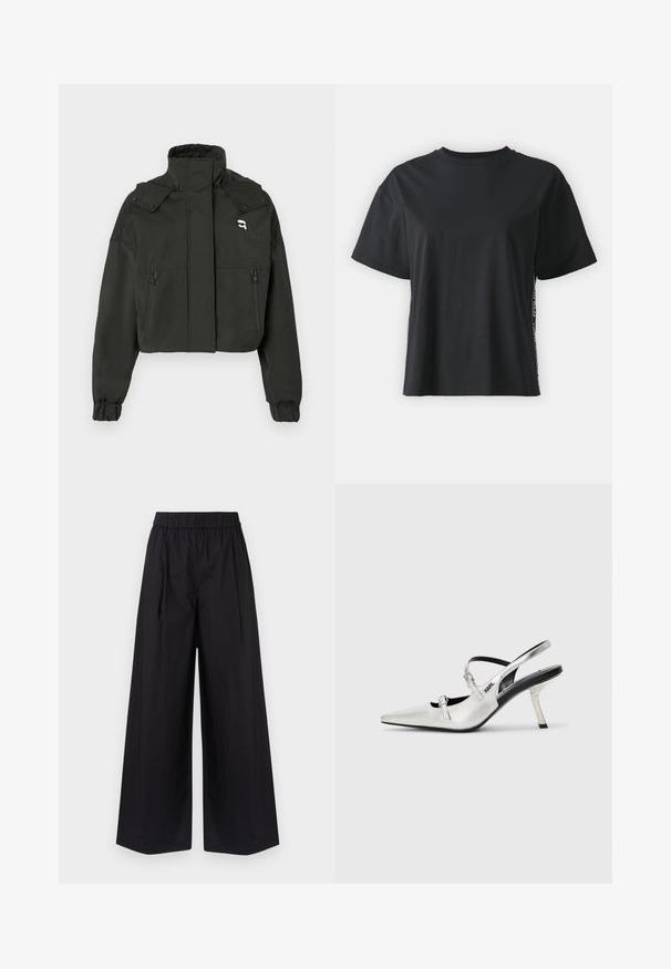 Čierna skrátená bunda s vysokým golierom, dvoma prednými vreckami na zips, elastickými manžetami a malým logom na hornej časti hrude.; Čierne tričko s krátkym rukávom z bavlny, vo voľnom strihu, s kontrastným postranným panelom, na ktorý sú umiestnené malé nápisy a designové detaily.; Čierne nohavice s širokými nohavicami vyrobené z hladkého materiálu, s elastickým pásom a bez viditeľných vreciek alebo kovových detailov.; Strieborné slingback opätky s špicatou špičkou, ktorý majú hladký metalický povrch, štíhly opatok a dekoratívne remienky.