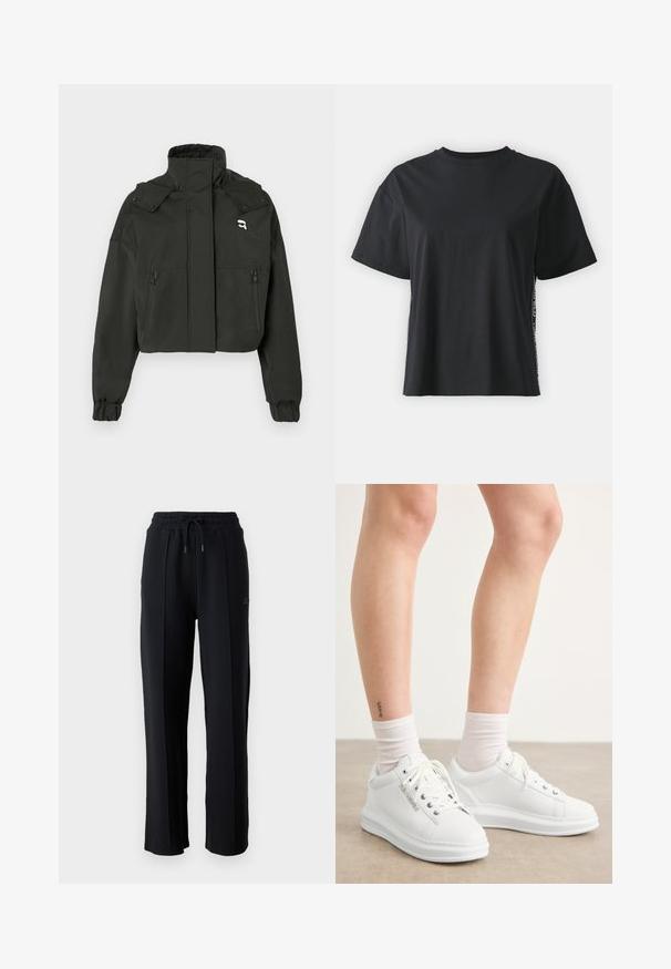 Črna skrajšana jakna z visokim ovratnikom, dvema žeprtna zadrgo spredaj, elastičnima manšetama in majhnim logotipom na zgornjem delu prsnega koša.; Črna bombažna majica s kratkimi rokavi, sproščenega kroja z kontrastnim stranskim panelom, ki vsebuje majhne besedilne in oblikovne podrobnosti.; Črne trenirke z udobnim krojem, elastičnim pasom, nastavljivim vrvico in vertikalnimi šivi ob nogah. Mehka tekstura tkanine.; Bele kožešnje superge z gladko teksturo, okroglo konico in ravnim gumijastim podplatom. Vezalke so vidne, nogavice pa so bele.