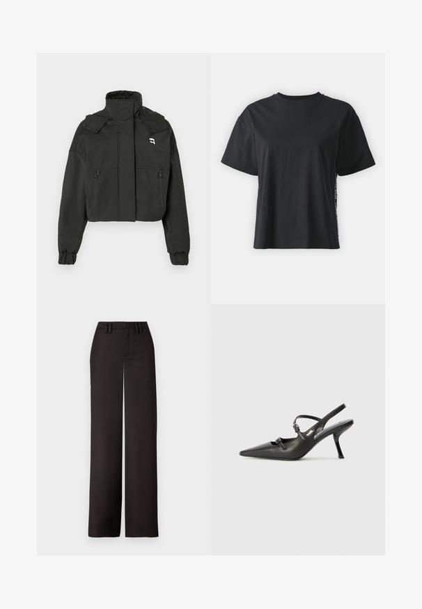 Sort cropped jakke med høj krave, to lynlåslommer foran, elastiske manchetter og en lille logo detalje på den øverste del af brystet.; Sort kortærmet t-shirt i bomuld med en afslappet pasform og kontrasterende sidepanel, som har små tekster og designdetaljer.; Sorte vidde bukser med flad front, bæltesløjfer og en glat tekstur, designet til en skræddersyet pasform. Ingen synlig hardware eller mønstre.; Sorte læder slingback hæle med spids tå, slank hæl og dekorativ spænde detalje på vampen. Glat tekstur og strømlinet design.