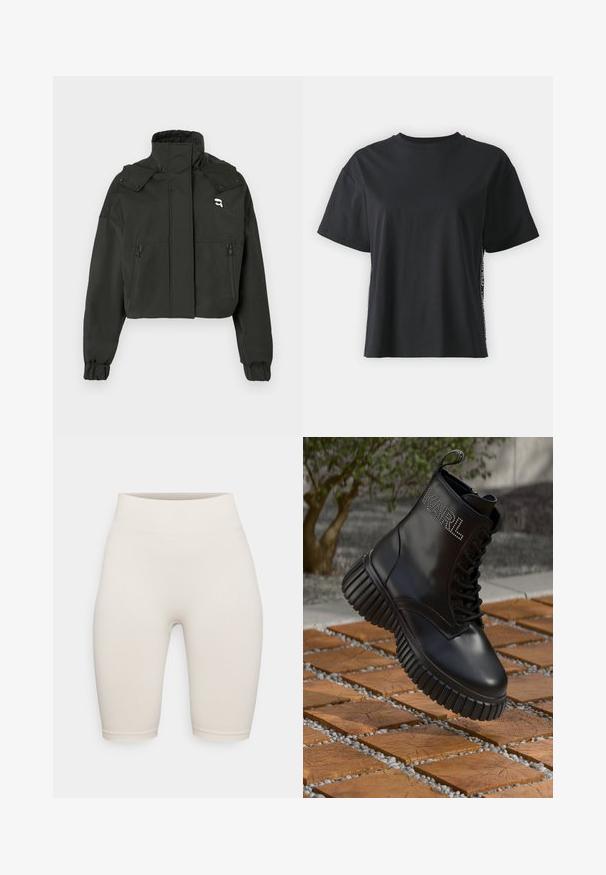 Chaqueta negra corta con un cuello alto, dos bolsillos frontales con cremallera, puños elásticos y un pequeño logo en la parte superior del pecho.; Camiseta de algodón negra de manga corta con un corte relajado y un panel lateral en contraste que presenta texto pequeño y detalles de diseño.; Pantalones cortos de bicicleta de color crema con una cintura alta, con textura suave y un estilo ajustado, que terminan justo por encima de la rodilla.; Bota de cuero negro con suela gruesa estriada, cordones y logotipo de strass "KARL" en el lateral, flotando sobre un pavimento de madera y grava.
