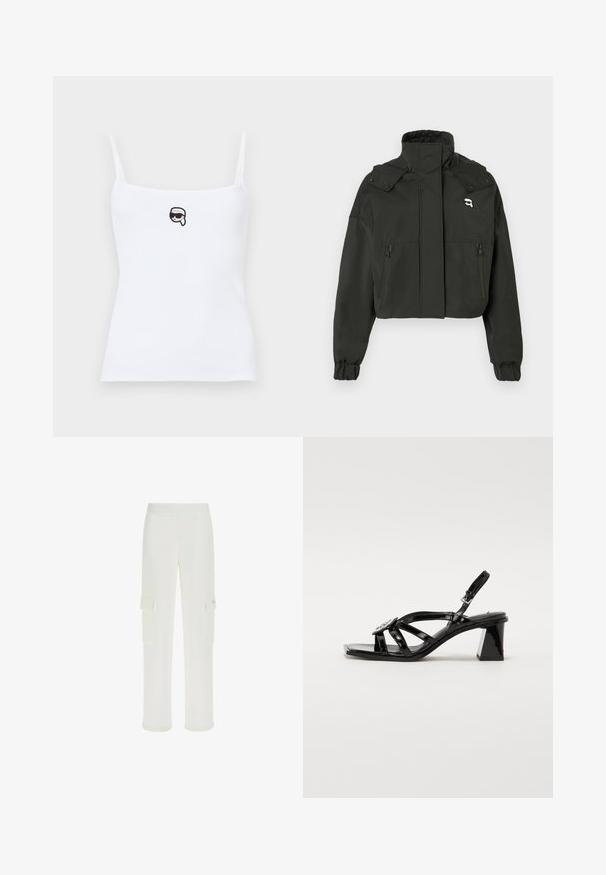 Jachetă scurtă neagră cu guler înalt, două buzunare frontale cu fermoar, manșete elastice și un mic accent de logo pe partea superioară a pieptului.; Tricou alb cu dungi, cu bretele subțiri, având brodat pe față un față de desene animate cu ochelari de soare. Textură moale a materialului.; Pantaloni cargo albi dintr-un material neted, având două buzunare frontale cu clapetă și o talie elastică pentru confort. Design cu picioare drepte.; Sandale cu toc înalt din piele sintetică neagră, cu vârf deschis, curele late, cataramă reglabilă și toc geometric.