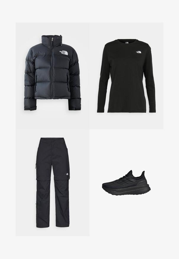 Musta puhvitakkia, joka on valmistettu kiiltävästä, vettä hylkivästä materiaalista. Ominaisuuksiin kuuluu korkea kaulus, etuvetoketju ja logo vasemmassa rinnassa. Lyhyt malli.; Musta pitkähihaisen t-paita, joka on valmistettu puuvillasta ja jossa on pyöreä kaula-aukko. Vasemmassa rinnassa on pieni valkoinen logo. Yksinkertainen muotoilu ja istuvuus.; Mustat nailonista valmistetut irrotettavat cargo-housut säädettävillä lahkeilla, useilla taskuilla ja logolla oikeassa jalassa. Liukas, kevyt rakenne.; Mustat urheilukengät, joissa on teksturoitu verkkomateriaali ylhäällä, kolmisävyiset heijastavat raidat ja paksu, pehmustettu musta pohja, jossa lukee "LIGHT BOOST."