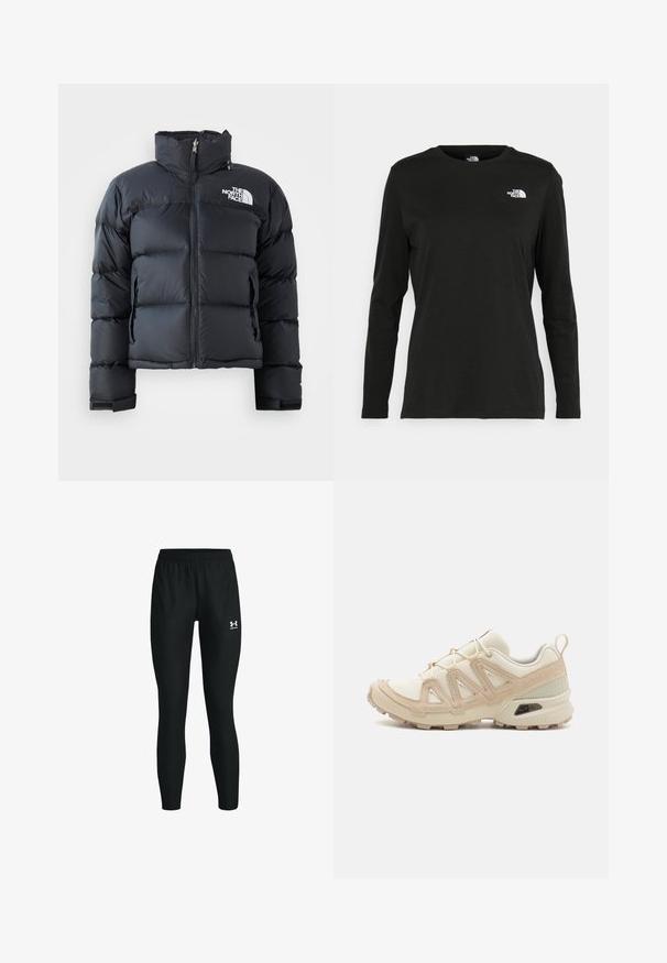 Svart boblejakke laget av blankt, vannavstøtende materiale. Har høy krage, glidelås foran og logo på venstre bryst. Kort design.; Svart langermet T-skjorte laget av bomull med rund hals. Har en liten hvit logo på venstre brystområde. Enkelt design og passform.; Svart treningsleggings med elastisk midje, som har en tettsittende form og en liten hvit logo på venstre legg. Kjempeglatt tekstur.; Beige og krem joggesko med teksturert mesh-overdel, støttende overlegg og gummisåle med et mønster for godt grep.