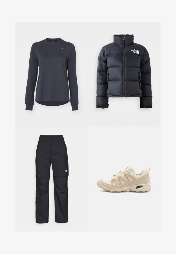 Jachetă puf fiind de culoare neagră, confecționată din material lucios, rezistent la apă. Dispune de un guler înalt, fermoar frontal și logo pe pieptul stâng. Design scurt.; Cămașă cu mâneci lungi, de culoare gri închis, dintr-un material moale, având guler rotund, manșete ribbed și un mic accent de logo albastru pe piept.; Pantaloni cargo din nylon negru, cu fermoar detașabil, manșete ajustabile, multiple buzunare și un logo pe piciorul drept. Textură netedă și ușoară.; Pantofii sport bej și crem au un superior din plasă texturată, suprapuneri de susținere și o talpă din cauciuc cu un model de profil pentru aderență.