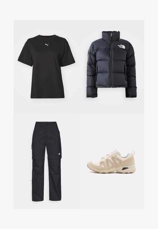 Jachetă puf fiind de culoare neagră, confecționată din material lucios, rezistent la apă. Dispune de un guler înalt, fermoar frontal și logo pe pieptul stâng. Design scurt.; Tricou negru din bumbac cu guler rotund, mâneci scurte și un logo alb Puma pe piept. Textură netedă, croială casual.; Pantaloni cargo din nylon negru, cu fermoar detașabil, manșete ajustabile, multiple buzunare și un logo pe piciorul drept. Textură netedă și ușoară.; Pantofii sport bej și crem au un superior din plasă texturată, suprapuneri de susținere și o talpă din cauciuc cu un model de profil pentru aderență.