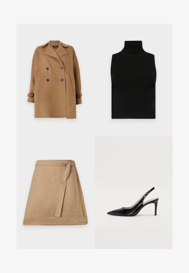 WEEKEND MaxMara ONCIA - Pitkä takki - camel; Mustat ilmanhihaiset poolotoppi, jossa on ribbed rakenne ja istuva muotoilu. Sileä kangas, korkea kaulus ja ilman lisäkoristeita.; Beige pellavahame, jossa on hieman A-linjainen muotoilu, sivu-solki ja solmimisdetalji, sileä pinta ja siisti helma.; Musta lakattu nahkainen slingback-korkokenkä, jossa on terävä kärki, kapea korko ja hillitty leikkaussuunnittelu. Varressa on kultainen solki.