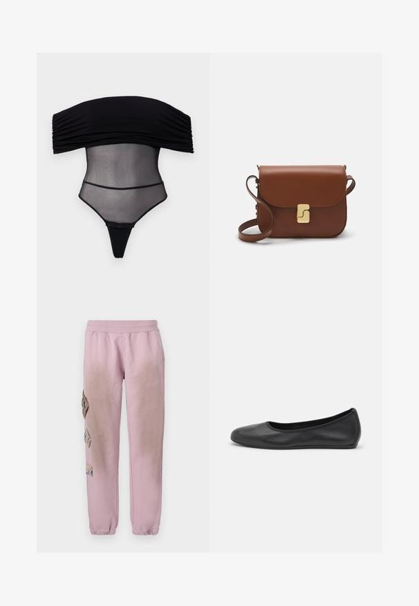 WEEKEND MaxMara ONCIA - Puspaltis - camel; Undress Code Viršus - black; Rožinės sportinės kelnės su elastinga juosta, kairėje pusėje dekoruotos rombo formos aplikacijomis ir elastingais užkulniais.; Juodai odiniai baletai su apvaliu pirštu, lygi texture, minimalus siuvimo detales ir lanksčiu padų dizainu.; Ruda odinė rankinė su uždaromu dangteliu, aukso spalvos detalėmis, petneša ir lygiu paviršiumi. Kompaktiška stačiakampio formos.