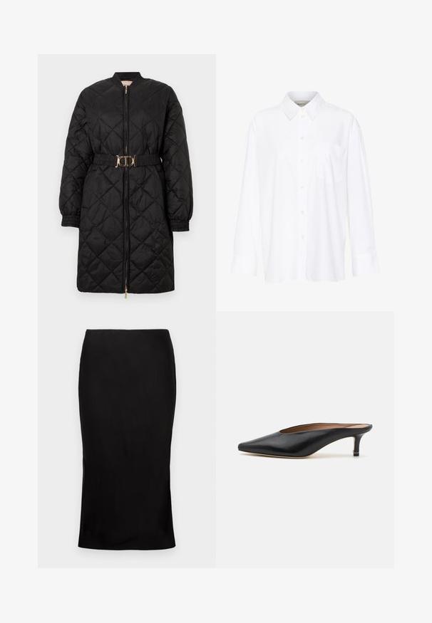 Manteau long matelassé noir avec des poignets élastiques, fermeture éclair à l'avant et ceinture assortie avec une boucle ovale dorée.; Chemise blanche à manches longues avec col, en coton. Présente un devant à boutons et une poche poitrine unique. Texture lisse, coupe décontractée.; Jupe midi noire, cintrée, avec une texture lisse, détail de fente sur le côté et une taille classique. Conçue pour une silhouette élégante.; Mules en cuir noir avec un bout pointu et un petit talon carré. Texture lisse avec un design épuré. Dos ouvert avec un minimum de détails.