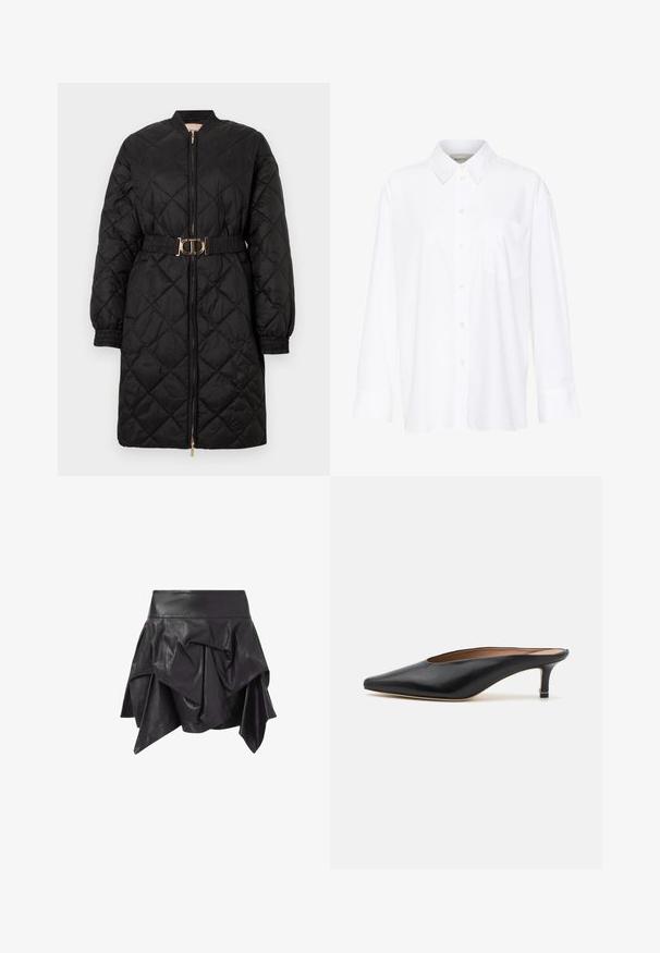 Black quilted long coat with elastic cuffs, front zipper, and matching belt featuring a gold oval buckle.; White long-sleeve collared shirt made of cotton. Features a button-down front and a single chest pocket. Smooth texture, relaxed fit.; Black leather skirt featuring a flared, asymmetrical design with draped details and a fitted waistband. Smooth texture with a glossy finish.; Black leather mules with a pointed toe and low, block heel. Smooth texture with a sleek design. Open back with minimal detailing.