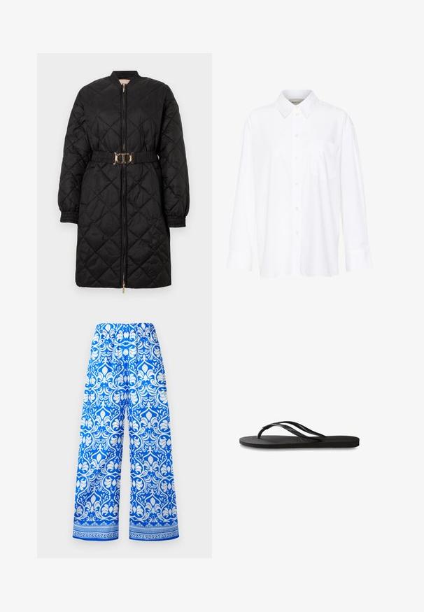 Črn prešit dolg plašč z elastičnimi manšeti, sprednjim zadrgo in usklajenim pasom z zlatim ovalnim sponko.; Bela dolga majica s kragnico iz bombaža. Ima gumbno zapenjanje spredaj in eno žep na prsih. Gladka tekstura, sproščen kroj.; Modre in bele hlače širokih nogav ic z elastičnim pasom in zapletenim cvetličnim damastnim vzorcem, ki ima okrasno obrobo blizu roba.; Črne natikače z teksturirano gumijasto podlogo, dvema ozkima trakoma in subtilnim, vtisnjenim logom na traku.