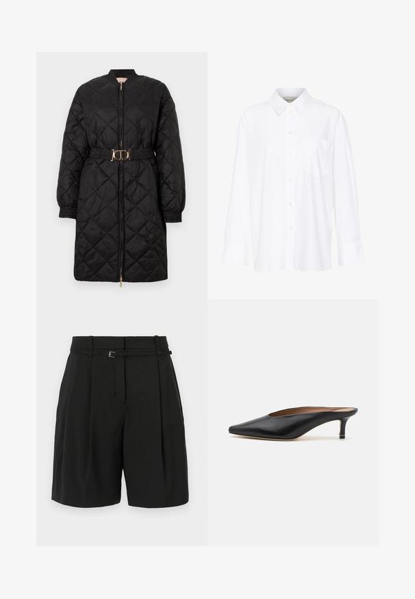 Μαύρο καπιτονέ μακρύ παλτό με ελαστικούς ιμάντες στα μανίκια, μπροστινό φερμουάρ και αντίστοιχο ζώνη με χρυσό οβάλ κούμπωμα.; Λευκή μακρυμάνικη πουκάμισο με γιακά, κατασκευασμένη από βαμβάκι. Διαθέτει κουμπιά μπροστά και μία τσέπη στο στήθος. Απαλή υφή, χαλαρή εφαρμογή.; BOSS TALEDA - Σορτς - black; Μαύρες δερμάτινες μπαλαρίνες με αιχμηρή μύτη και χαμηλό, τετράγωνο τακούνι. Λείος υφασμάτινος σχεδιασμός. Ανοιχτή πλάτη με μινιμαλιστική διακόσμηση.