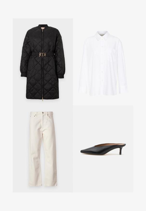 Juodas šiltas ilgas paltas su elastingomis rankovėmis, priekyje su užtrauktuku ir derančiu diržu, kuriame yra auksinė ovali sagtis.; Balta ilgomis rankovėmis marškiniai su apykakle, pagaminti iš medvilnės. Su mygtukų užsegimu priekyje ir viena krūtinės kišenė. Lygus paviršius, laisvas siluetas.; Balti džinsai su tiesia kojų išeiga, turintys klasikinius penkis kišenes, metalinį mygtuko uždarymą ir subtilią tekstūrą.; Juodi odiniai mulesai su smailiu pirštu ir žemu blokuotu kulnu. Lygi tekstūra su elegantišku dizainu. Atviras gale, su minimaliu dekoru.