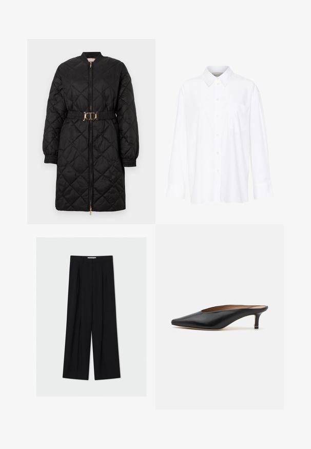 Black quilted long coat with elastic cuffs, front zipper, and matching belt featuring a gold oval buckle.; White long-sleeve collared shirt made of cotton. Features a button-down front and a single chest pocket. Smooth texture, relaxed fit.; Wide-leg black trousers made from a smooth fabric. Features a high waist, pleats at the front, and an ankle-length cut. Minimalist design.; Black leather mules with a pointed toe and low, block heel. Smooth texture with a sleek design. Open back with minimal detailing.