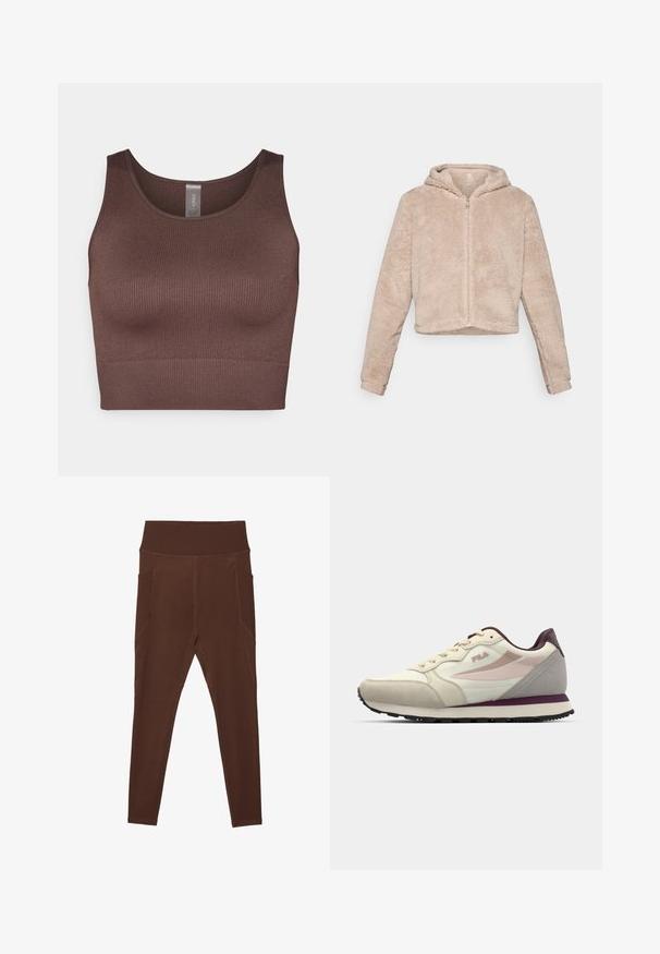 Hooded, īsā jaka mīkstā beidžu krāsā, ar rāvējslēdzēju, pūkainu tekstūru un garām piedurknēm siltumam un komfortam.; Brūns ribots topiņš ar apaļu dekoltē un platām siksnām. Izgatavots no elastīga materiāla, ar bezšuvju dizainu un gludu tekstūru.; Brūnas legingi, izgatavoti no elastīga materiāla, ar ribotu augsto jostasvietu un sānu kabatām. Iespējams, ka tie ir ar plakanšuvēm, kas nodrošina papildu izturību.; Krēma un gaiši pelēku sporta apavu ar teksturētu virsmu, ar rozā un bordo akcentiem, kurus var piesiet, un melnu gumijas zolīti.