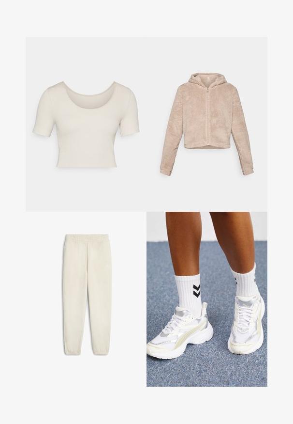 Kapturana, krótka kurtka w miękkim beżu, z zamkiem błyskawicznym, przyjemną w dotyku fakturą i długimi rękawami, zapewniająca ciepło i komfort.; Krótki rękaw, krótką bluzkę w jasnym beżowym, prążkowanym materiale. Posiada szeroką okrągłą szyję i dopasowany krój, podkreślający gładką fakturę.; Jasnobeżowe dresy wykonane z miękkiego materiału, z elastyczną talią, zwężanymi dołem nogawkami i małym białym logo z boku.; Białe sneakersy z srebrnymi akcentami, wykonane z siateczkowego materiału, o masywnej konstrukcji. Połączone z białymi skarpetkami z czarnym wzorem w zygzaki.