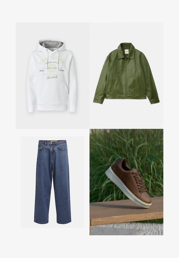 Giubbotto di pelle verde con chiusura a zip, collo classico, due tasche laterali e una texture liscia. Design semplice e moderno senza fantasie.; Felpa bianca realizzata in tessuto morbido con una tasca anteriore, dotata di cappuccio foderato grigio e logo del marchio stampato in verde e nero.; Jeans in denim blu a gamba larga con finitura sbiadita, dotati di chiusura a bottoni, cinque tasche e cuciture in contrasto lungo le cuciture.; Sneaker in pelle marrone con suola in gomma bianca, punta arrotondata e lacci marroni. Grip testurizzato sulla suola e finitura liscia sulla parte superiore.