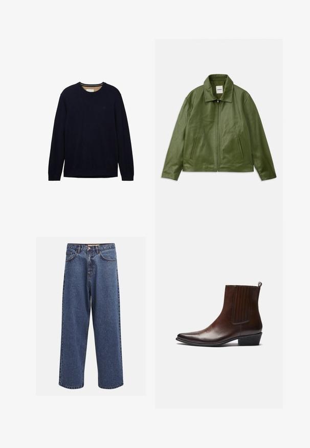 Zelená kožená bunda se zipem, límečkem, dvěma bočními kapsami a hladkým povrchem. Jednoduchý, moderní design bez vzorů.; Námořnická modrá svetr vyrobený z měkkého materiálu, s kulatým výstřihem, dlouhými rukávy a decentním logem na hrudi. Hladká textura a volný střih.; Modré denimové džíny se širokými nohavicemi a bledým povrchem, s knoflíkovým zapínáním, pěti kapsami a kontrastním šitím podél švů.; Hnědé kožené kotníkové boty s špičatou špičkou, elastickými bočními panely, texturovanými detaily na přední straně a nízkým vrstveným podpatkem.