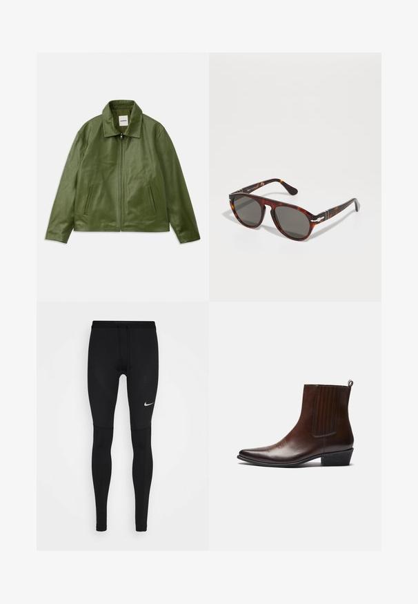 Grüne Lederjacke mit Reißverschluss, Kragen, zwei Seitentaschen und glatter Textur. Einfaches, modernes Design ohne Muster.; Blau-weiß gestreifte Hemdbluse mit Kragen, langen Ärmeln und kleinem Logo auf der Brust. Glattes Material, klassischer Schnitt.; Schwarze Laufleggins aus dehnbarem Material, mit tailliertem Schnitt, flachen Nähten und einem kleinen weißen Nike-Logo auf dem Oberschenkel.; Braune Leder-Ankle-Boots mit spitzer Spitze, elastischen Seitenteilen, strukturierten Details auf der Vorderseite und einem niedrigen, gestapelten Absatz.; Schildkrötensonnenbrille mit grauen Gläsern. Glatter Kunststoffrahmen, runde Form, metallische Akzente an den Bügeln. Lichtreflektierende Oberfläche.