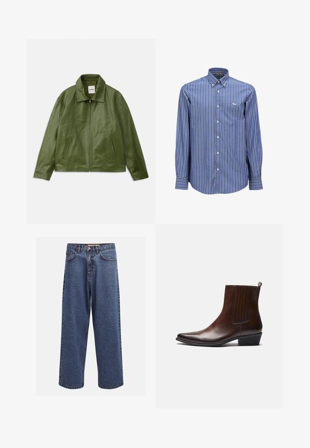 Grüne Lederjacke mit Reißverschluss, Kragen, zwei Seitentaschen und glatter Textur. Einfaches, modernes Design ohne Muster.; Blau-weiß gestreifte Hemdbluse mit Kragen, langen Ärmeln und kleinem Logo auf der Brust. Glattes Material, klassischer Schnitt.; Weite blaue Denim-Jeans mit einem verblassten Finish, ausgestattet mit einem Knopfverschluss, fünf Taschen und kontrastierenden Nähten entlang der Säume.; Braune Leder-Ankle-Boots mit spitzer Spitze, elastischen Seitenteilen, strukturierten Details auf der Vorderseite und einem niedrigen, gestapelten Absatz.