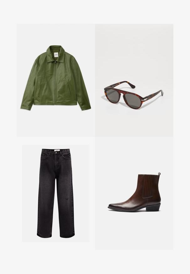 Grüne Lederjacke mit Reißverschluss, Kragen, zwei Seitentaschen und glatter Textur. Einfaches, modernes Design ohne Muster.; Blau-weiß gestreifte Hemdbluse mit Kragen, langen Ärmeln und kleinem Logo auf der Brust. Glattes Material, klassischer Schnitt.; Schwarze Denim-Jeans mit weitem Bein, fünf Taschen, einer gesteppten Taille und einem dezenten Logodetail in der Nähe des Knies.; Braune Leder-Ankle-Boots mit spitzer Spitze, elastischen Seitenteilen, strukturierten Details auf der Vorderseite und einem niedrigen, gestapelten Absatz.; Schildkrötensonnenbrille mit grauen Gläsern. Glatter Kunststoffrahmen, runde Form, metallische Akzente an den Bügeln. Lichtreflektierende Oberfläche.